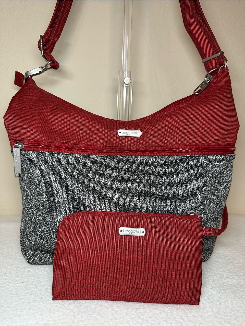 Baggallini Red and Gray Shoulder Crossbody with Matching Wrist Pouch